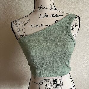 American Eagle Casual Textured Stretchy Sage Green One-Shoulder Green Crop Top